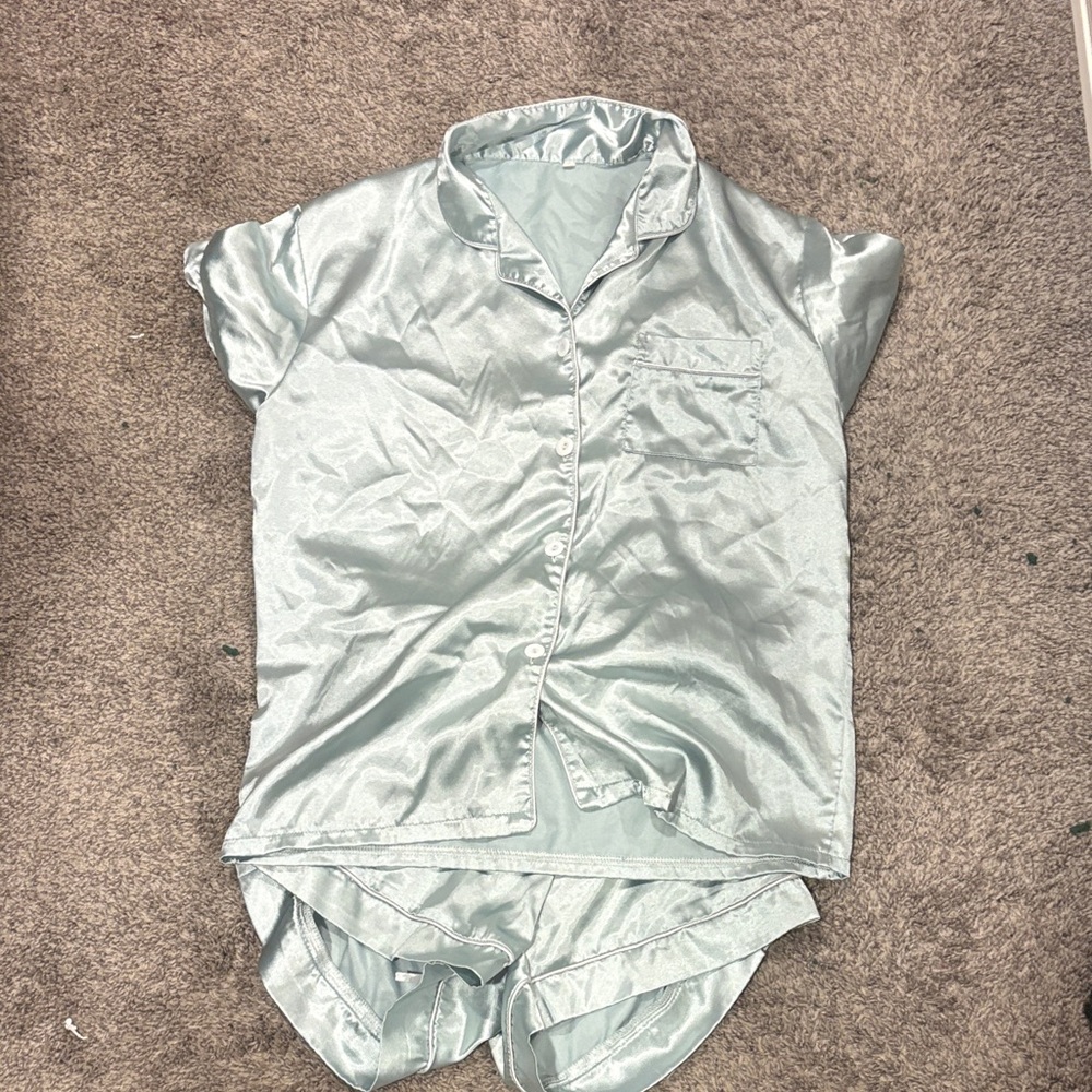 Women's Satin Pajama Set in Silver-Green